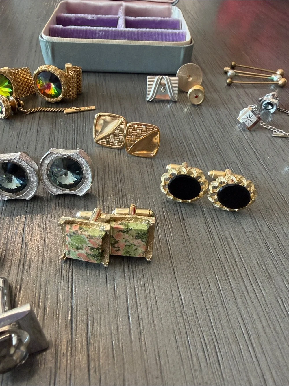 Vintage Cufflink & Tie Clip Set with Storage Box